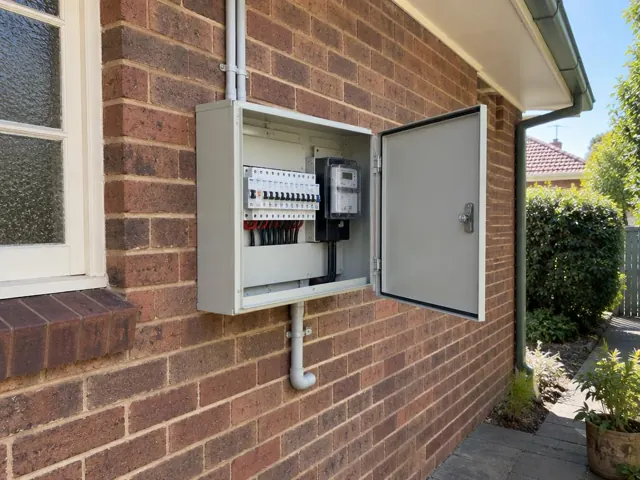 Exterior switchboard cabinet on a brick wall beside a window and garden path in Pymble